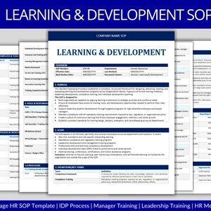 May include: A 6-page HR SOP template titled "Learning & Development SOP" in a blue and white design. The document includes sections on purpose, scope, and definitions. The text at the bottom reads "6-Page HR SOP Template | IDP Process | Manager Training | Leadership Training | HR Metrics."