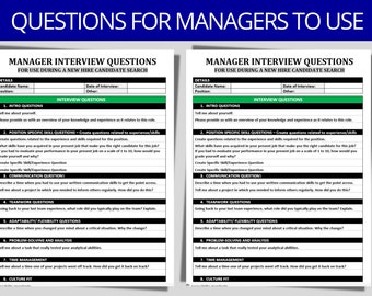 Manager Interview Questions | Candidate Interviewing Questioning | Behavioral Questions | Editable Word | New Hire Employee Questions Form