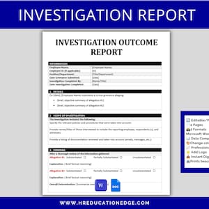 May include: A white investigation outcome report document with black text, featuring sections for employee information, investigation details, scope, and findings. The form includes checkboxes for substantiation and placeholders for names, dates, and summaries.