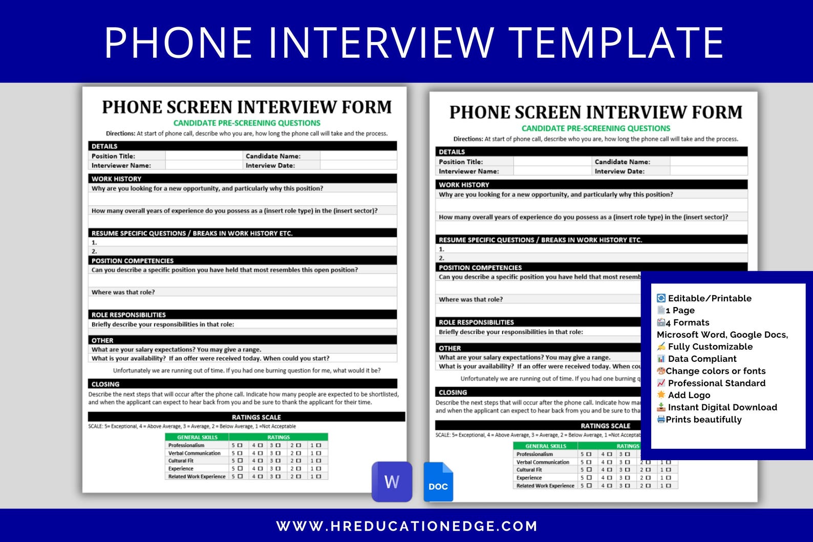 Phone Interview Form Template: Candidate Screening (digital Download ...