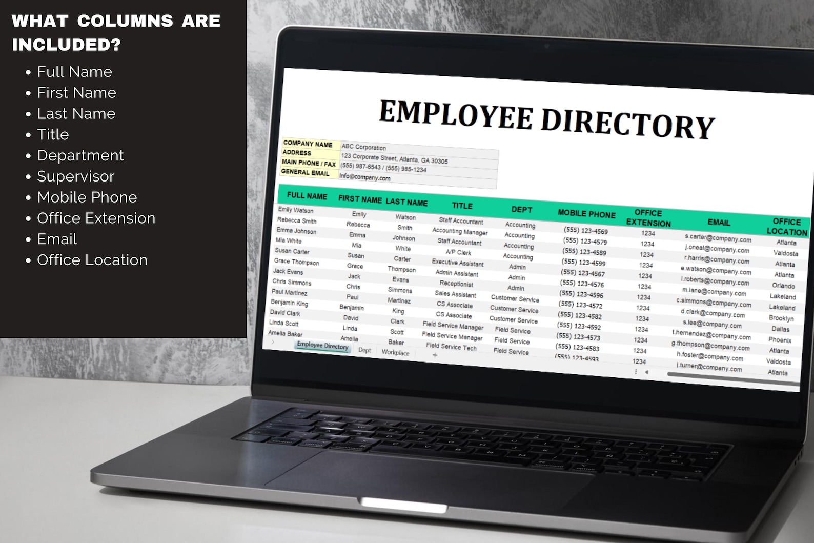 Excel Employee Directory Template: HR Staff Contact List (digital ...