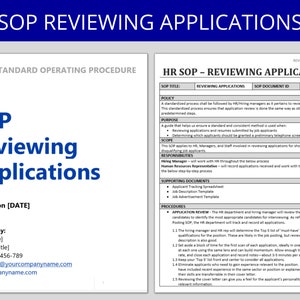 May include: A standard operating procedure (SOP) document for reviewing job applications. The document outlines the steps involved in reviewing applications, including identifying qualified candidates, determining the top 5 skills, and reviewing cover letters.