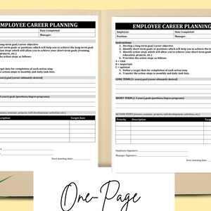 Puede incluir: Una hoja de trabajo de planificaci&oacute;n profesional para empleados, imprimible en blanco y negro, con secciones para objetivos a largo plazo y a corto plazo, pasos de acci&oacute;n y fechas objetivo. La hoja de trabajo incluye instrucciones para desarrollar un plan profesional.