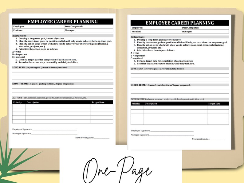 Puede incluir: Una hoja de trabajo de planificaci&oacute;n profesional para empleados, imprimible en blanco y negro, con secciones para objetivos a largo plazo y a corto plazo, pasos de acci&oacute;n y fechas objetivo. La hoja de trabajo incluye instrucciones para desarrollar un plan profesional.