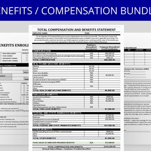 May include: A bundle of white paper documents with the text "BENEFITS / COMPENSATION BUNDLE" in blue at the top. The documents include forms for enrollment, statements, and summaries of benefits, with detailed sections for compensation and health plans.