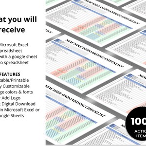 May include: A digital download of a new hire onboarding checklist template. The checklist is in a spreadsheet format with over 100 action items. The template is customizable and can be edited in Microsoft Excel or Google Sheets.