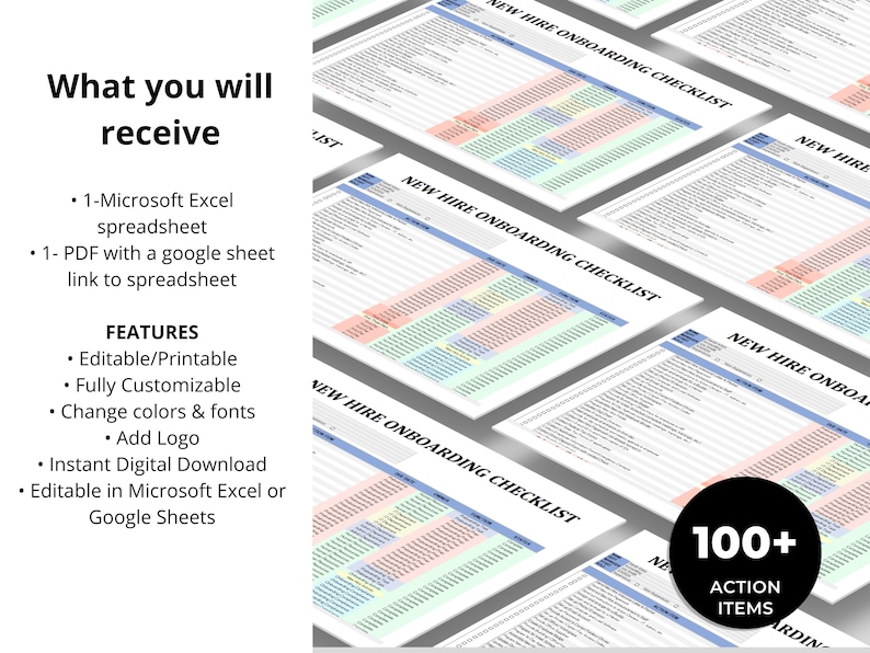 May include: A digital download of a new hire onboarding checklist template. The checklist is in a spreadsheet format with over 100 action items. The template is customizable and can be edited in Microsoft Excel or Google Sheets.