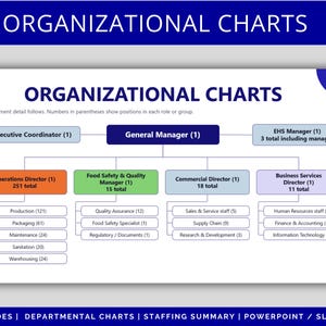 May include: An organisational chart slide titled ORGANISATIONAL CHARTS. It displays a hierarchy starting with a General Manager, Executive Coordinator, and EHS Manager, branching into Operations, Food Safety, Commercial, and Business Services directors.