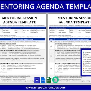 Puede incluir: Una plantilla de agenda de mentoría con dos páginas, que presenta un esquema detallado de la sesión. La plantilla incluye secciones para los detalles de la sesión, los temas de discusión, los objetivos y los elementos de acción. Está diseñada para uso profesional y es totalmente personalizable.