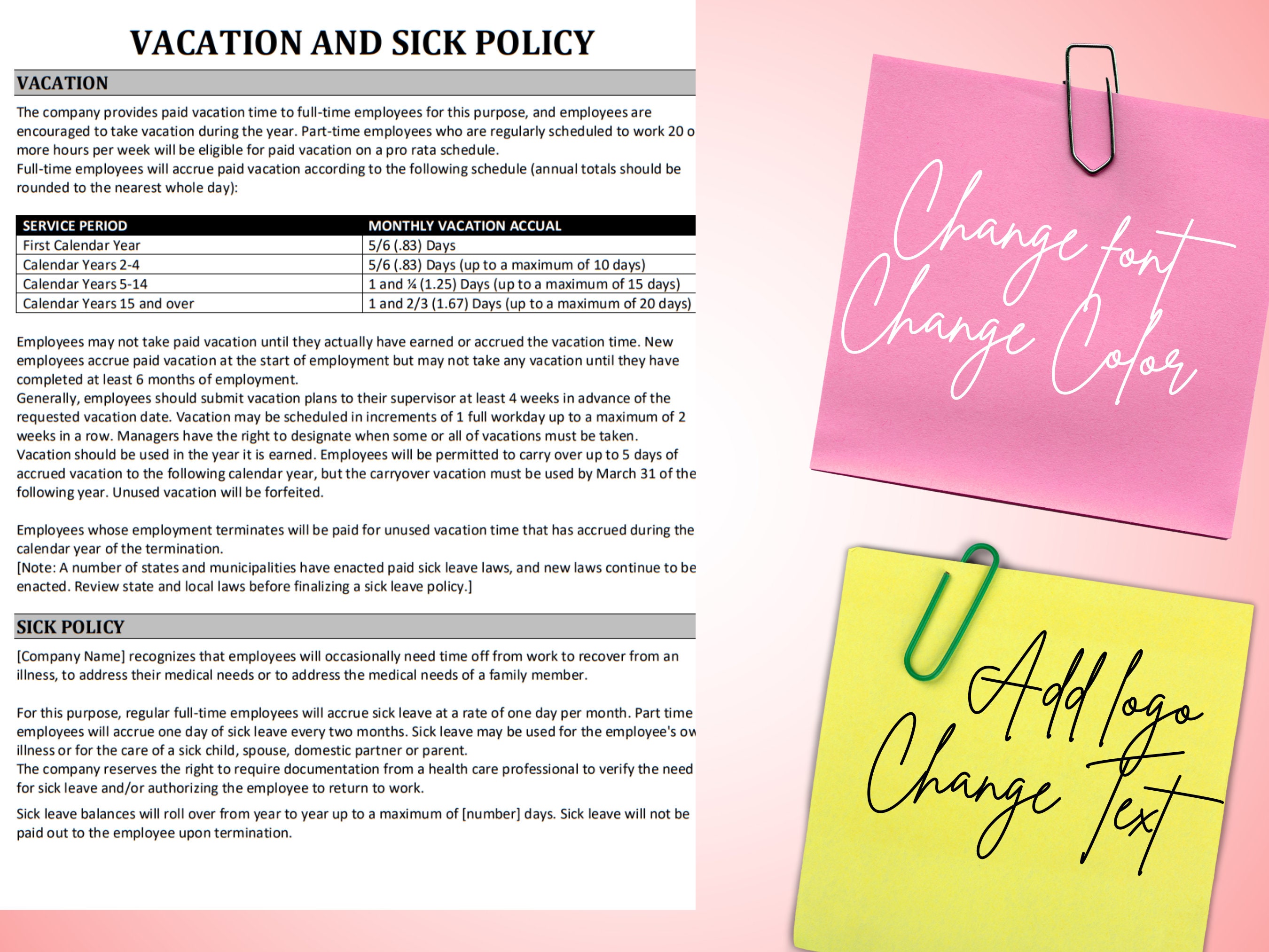 Vacation and Sick Policy Template MS Editable Word HR Policies Etsy