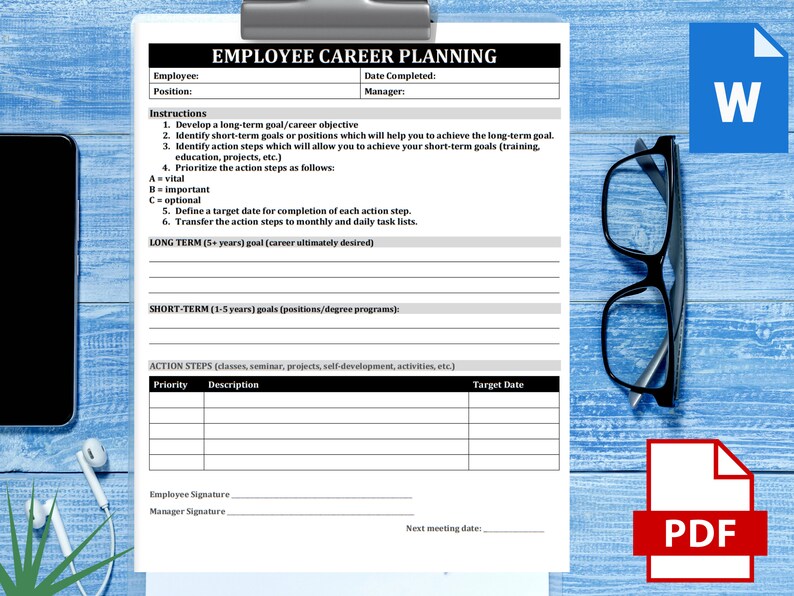 Puede incluir: Una hoja de trabajo de planificaci&oacute;n de carrera para empleados, imprimible en blanco y negro, con secciones para objetivos a largo plazo y a corto plazo, pasos de acci&oacute;n y fechas objetivo. La hoja de trabajo tambi&eacute;n incluye espacio para las firmas de los empleados y los gerentes, y una fecha de la pr&oacute;xima reuni&oacute;n.