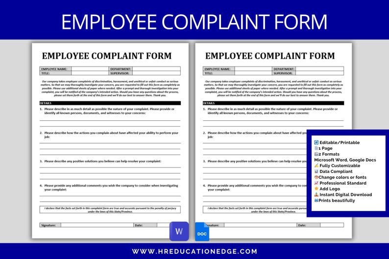 Employee Complaint Form: HR Template (MS Word & Google Doc) (digital ...
