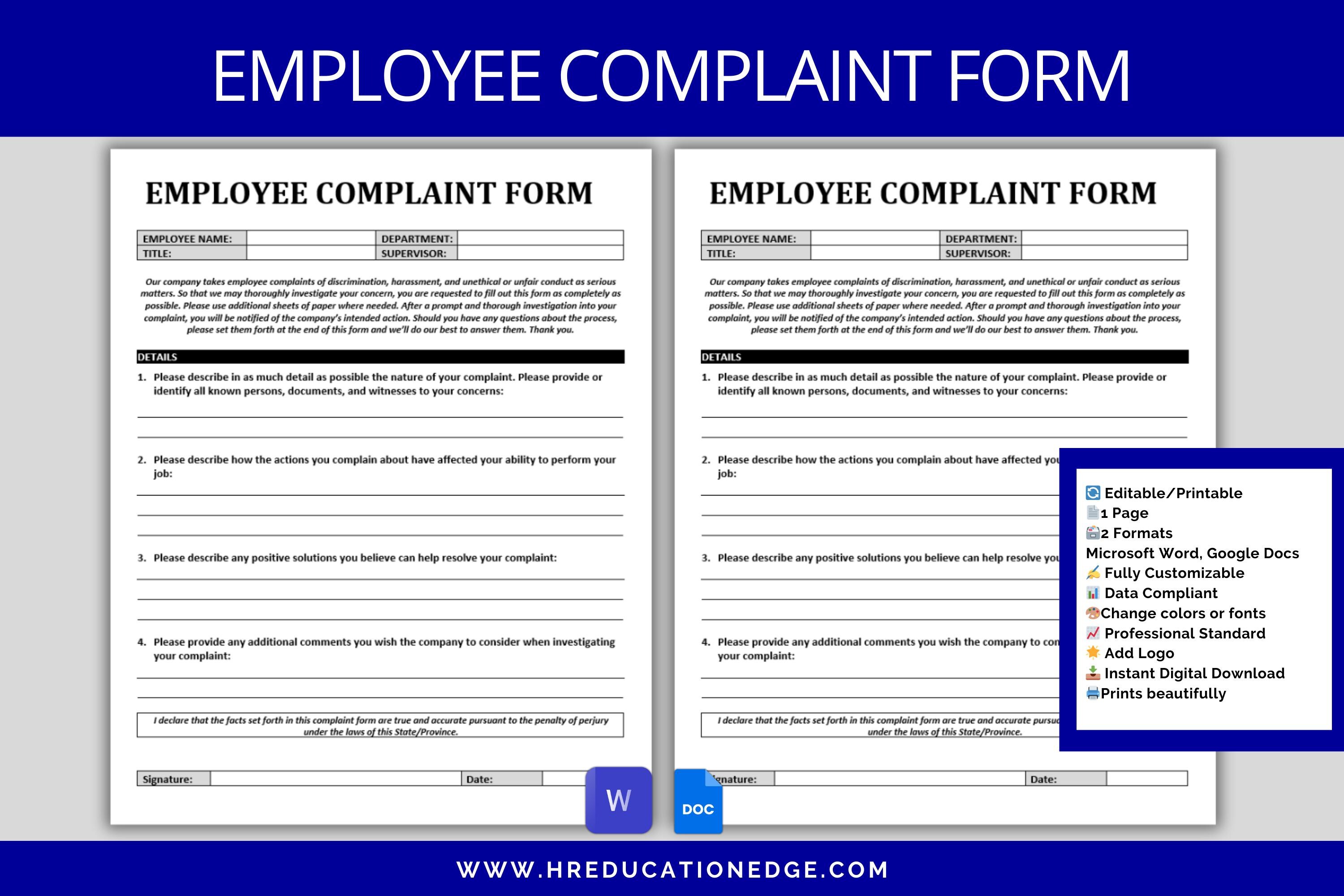Employee Complaint Form: HR Template (MS Word & Google Doc) (Digital Download)
