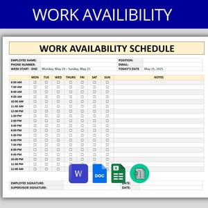 Employee Availability Form: Shift Schedule Template | Work Availability Sheet | Excel, Word, Google Sheets and Docs, Scheduling, Weekly