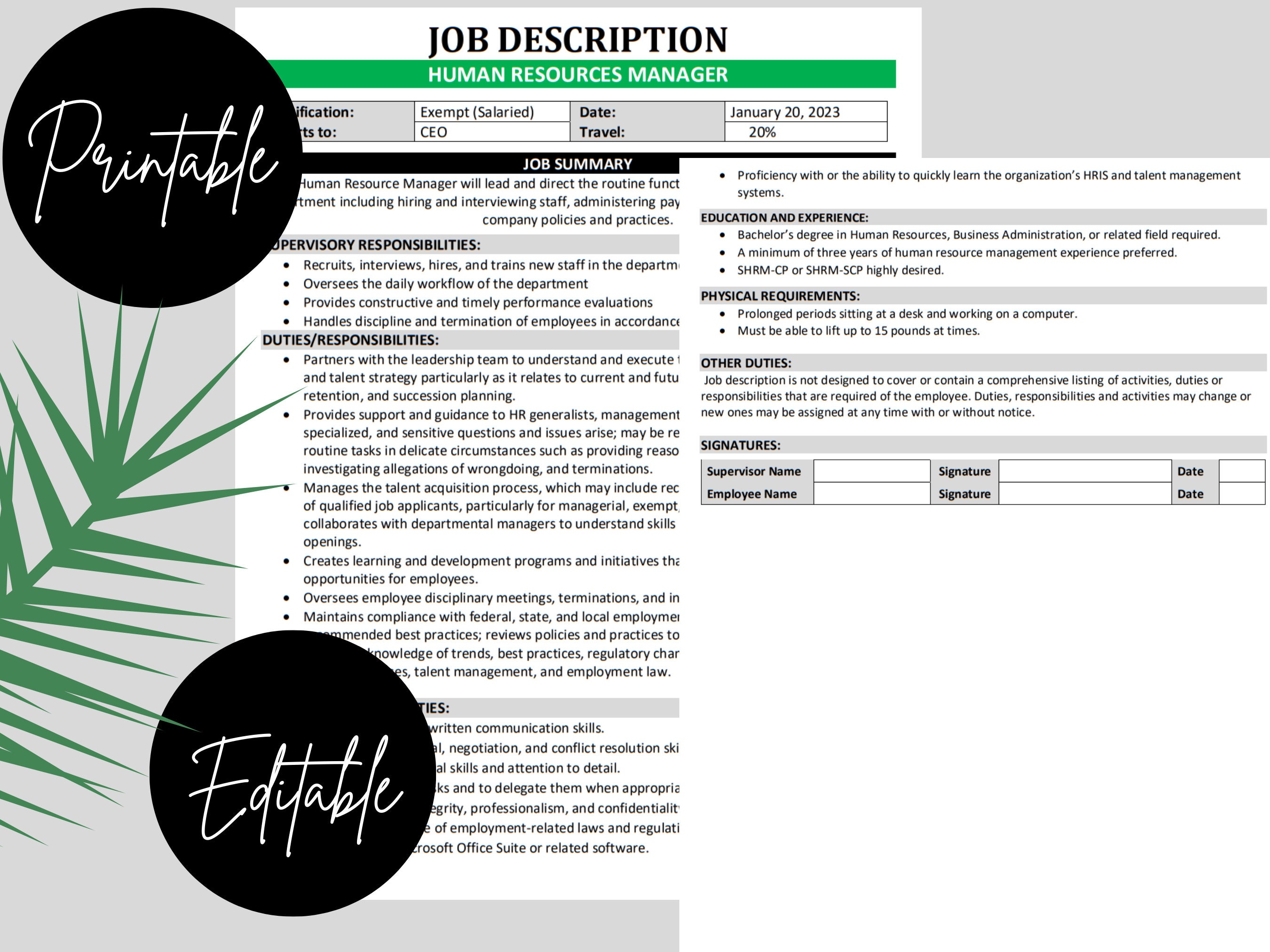 Human Resources Manager Job Description MS Editable Word Document HR