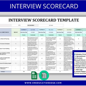 Puede incluir: Una plantilla de tarjeta de puntuación de entrevista con un encabezado azul y una tabla blanca. La tabla está dividida en columnas para los candidatos y filas para las habilidades y competencias. La plantilla incluye secciones para puntuaciones y comentarios.