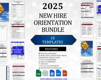 May include: A digital bundle for new hire orientation in 2025, featuring 10 templates. Includes editable documents in Word, Excel, Google Docs, and PowerPoint. The bundle is fully customizable and legally compliant, with options to add a logo. Documents are 8.5 x 11 and A4 size.