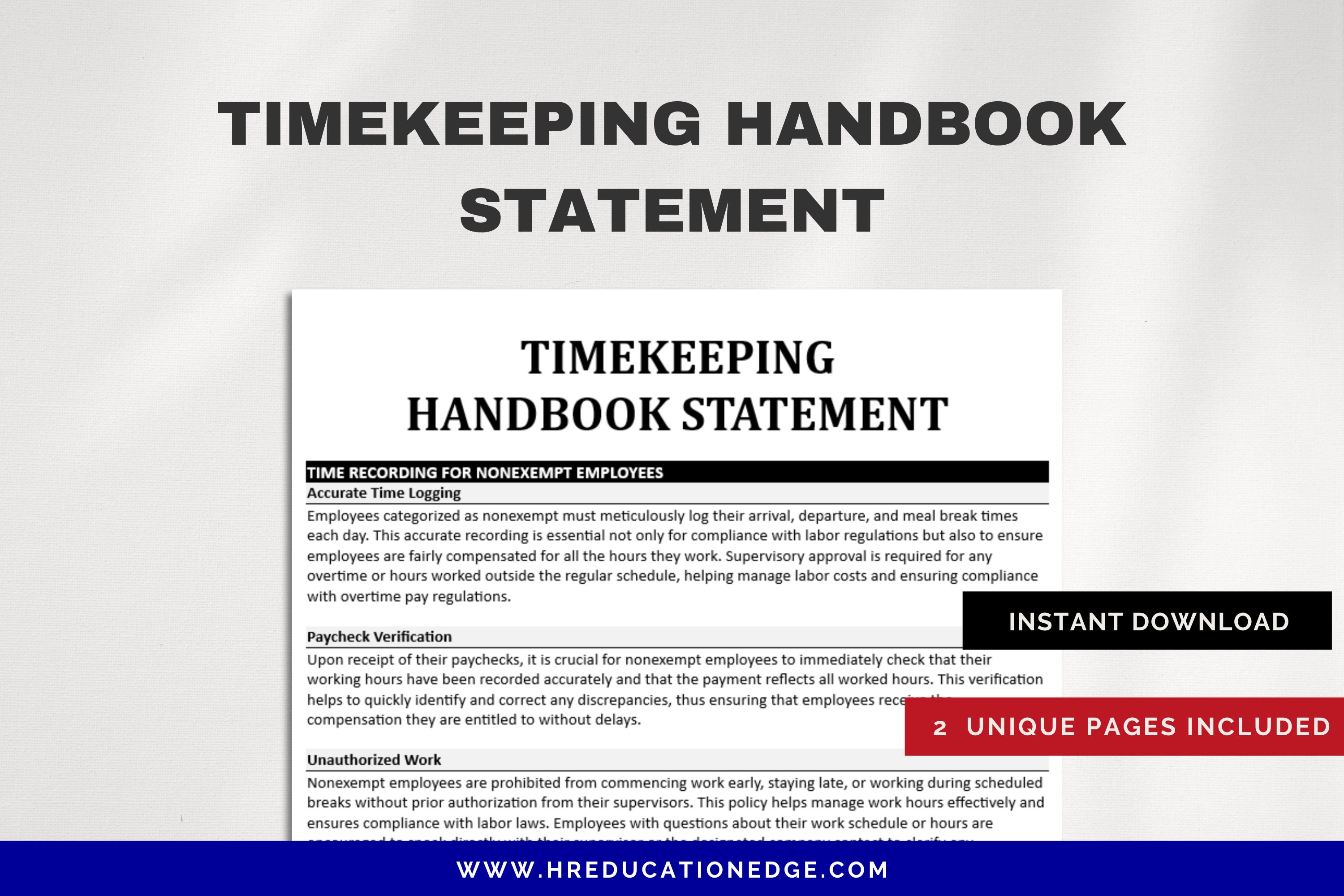 Timekeeping Policy Employee Handbook HR Compliance Employment Law Labor Law Employee