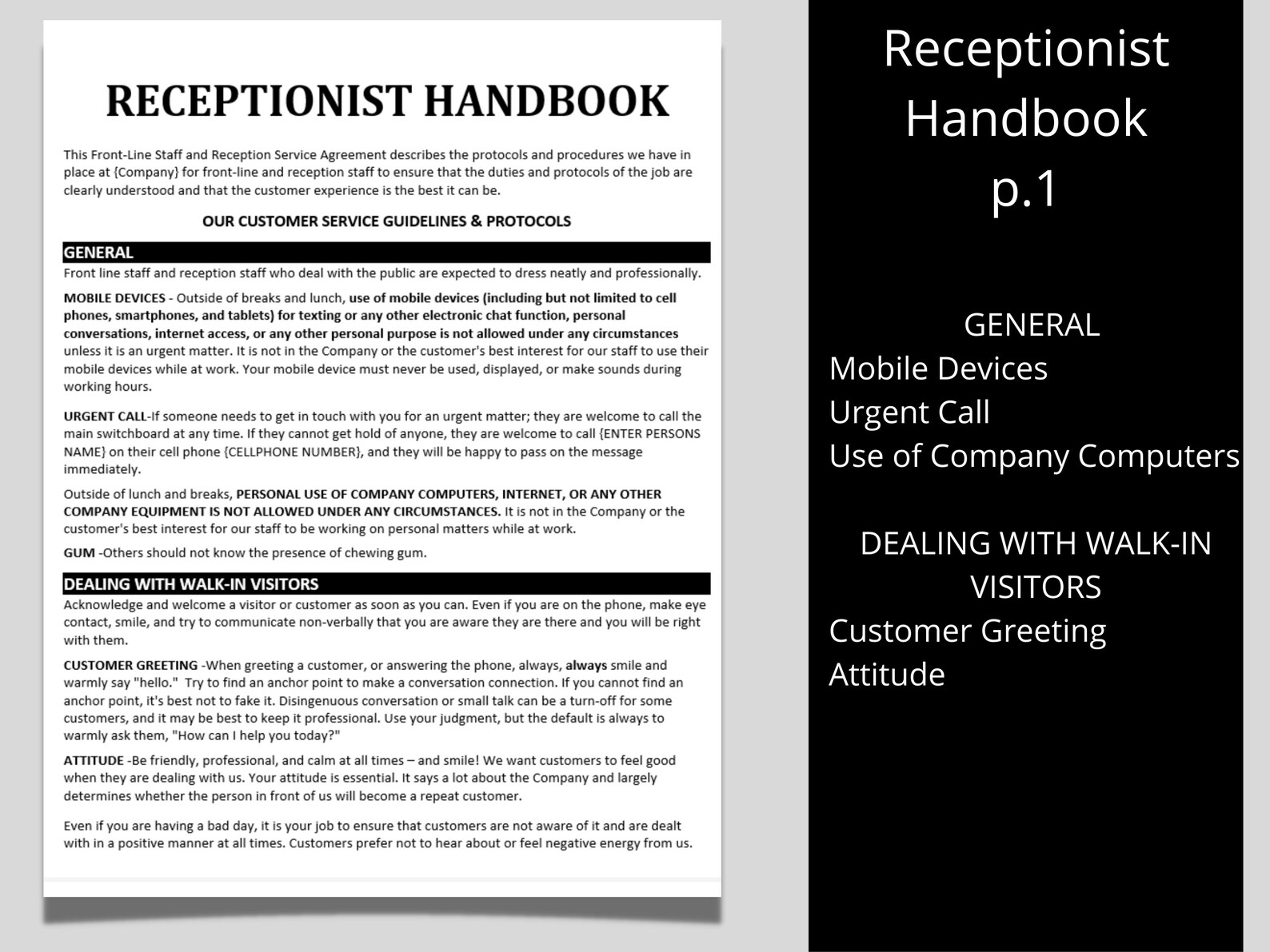 Receptionist Handbook Template Word Editable Template Etsy