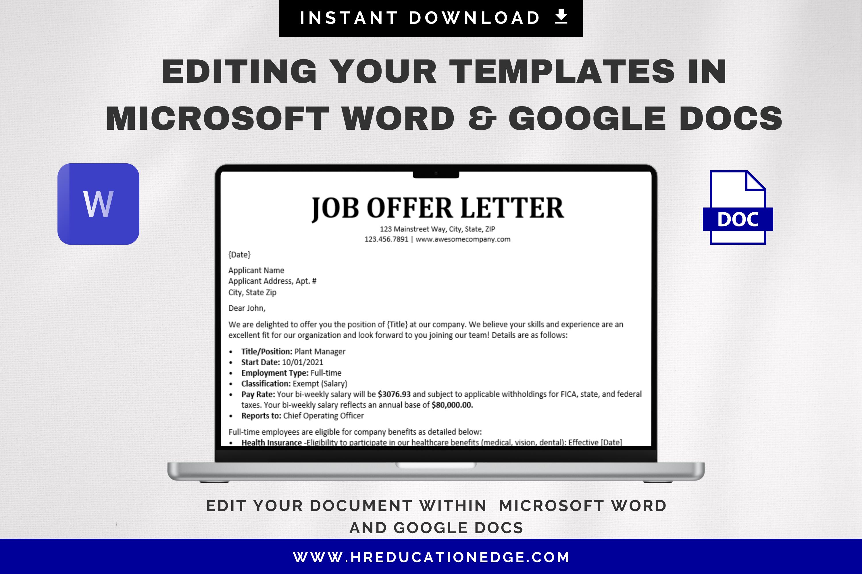 Job Offer Letter Template: Editable Employee Contract (MS Word, Google ...