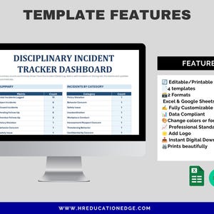 Puede incluir: Un monitor de computadora que muestra un panel de seguimiento de incidentes disciplinarios con tablas de resumen y categor&iacute;as. A la derecha, una lista de caracter&iacute;sticas incluye editable, imprimible, 4 plantillas, 2 formatos, compatibilidad con Excel y Google Sheets, datos personalizables y opciones de logotipo.