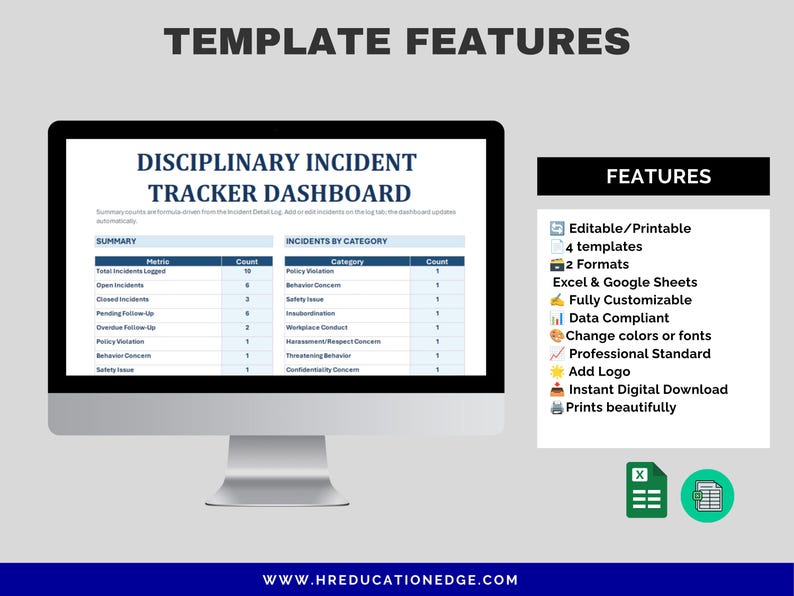 Puede incluir: Un monitor de computadora que muestra un panel de seguimiento de incidentes disciplinarios con tablas de resumen y categor&iacute;as. A la derecha, una lista de caracter&iacute;sticas incluye editable, imprimible, 4 plantillas, 2 formatos, compatibilidad con Excel y Google Sheets, datos personalizables y opciones de logotipo.