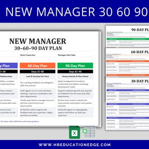 May include: A New Manager 30-60-90 Day Plan document template featuring a structured table with purple, orange, and green headers for each phase. The layout includes sections for New Manager, Direct Supervisor, and Manager Start Date details.
