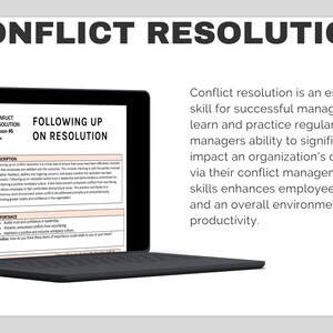 May include: A laptop computer screen displays a lesson on conflict resolution, titled "Following Up on Resolution." The text on the screen discusses the importance of conflict resolution in building trust and confidence in leadership, preventing unnecessary conflicts from recurring, and maintaining a positive and inclusive workplace culture. The text also includes a question: "How do you think these facts of importance could relate to you or your team?"