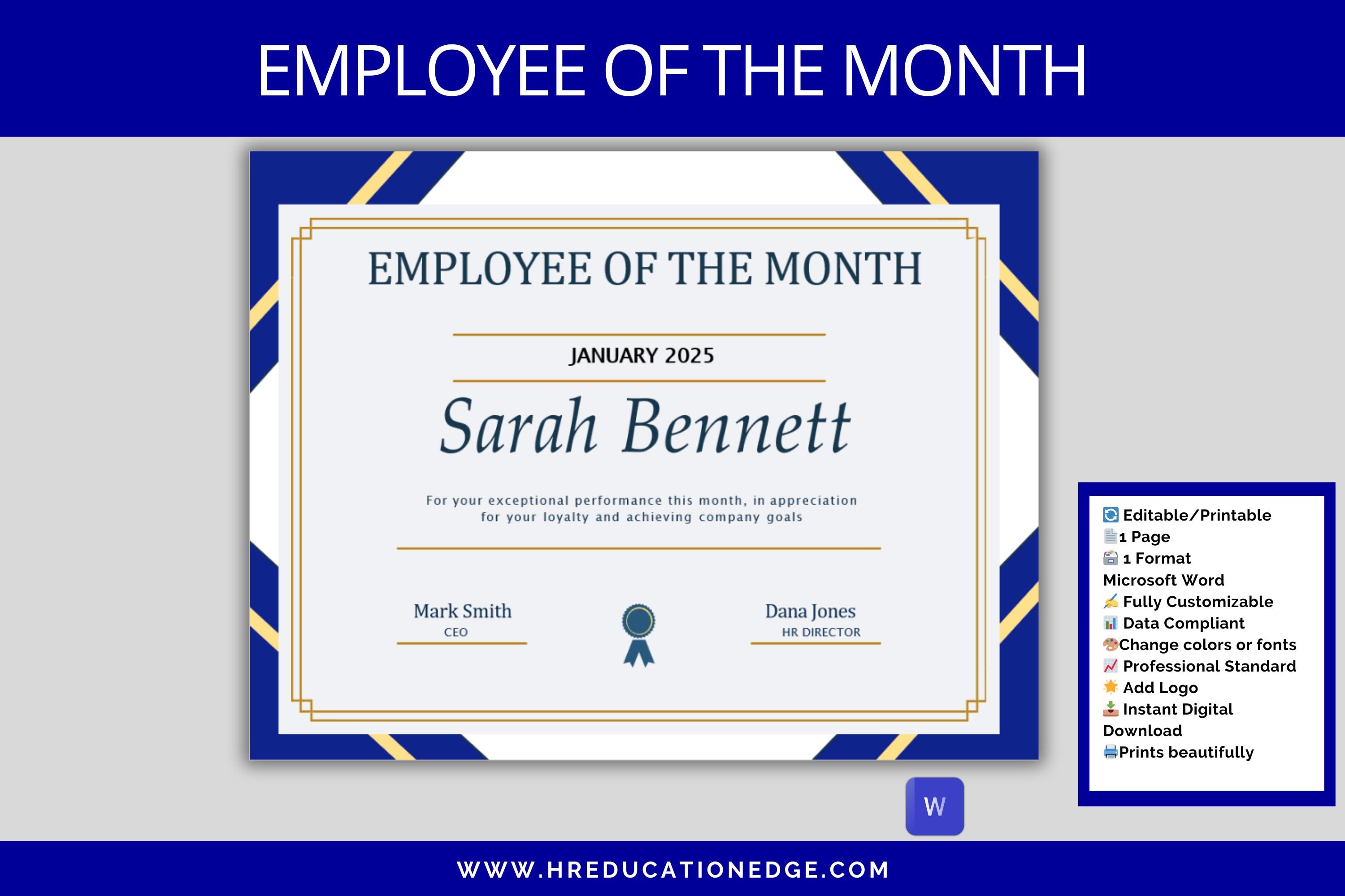 Employee of the Month Certificate Template: Customizable Staff Award ...