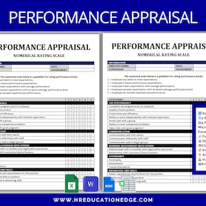 Puede incluir: Un formulario de evaluación de desempeño imprimible con una escala de calificación numérica. El formulario incluye categorías para el desempeño laboral, la comunicación, las relaciones laborales con otros, la asistencia, el conocimiento y las habilidades, y el desempeño general. El formulario es editable e imprimible en múltiples formatos, incluidos Microsoft Word, Google Docs, Excel y Google Sheets.