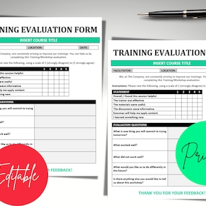 May include: A printable training evaluation form with a rating scale from 1 to 5. The form includes sections for overall session helpfulness, trainer effectiveness, material usefulness, discussion informativeness, application of content, and new learning. It also includes evaluation questions for what worked well, what did not work well, and what could be improved.