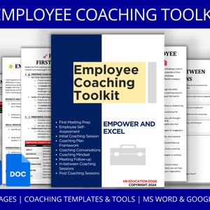Puede incluir: Una descarga digital azul y blanca para un kit de herramientas de coaching para empleados. El kit incluye 18 páginas de plantillas y herramientas de coaching para usar con Microsoft Word y Google Docs. El texto "EMPOWER AND EXCEL" aparece en un cuadro amarillo.