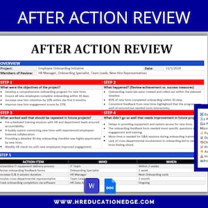 May include: A printable after action review template for employee onboarding. The template includes sections for objectives, achievements, and areas for improvement. The document is editable and printable in Microsoft Word and Google Docs.