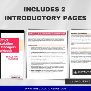 May include: A workbook titled "Conflict Resolution for Managers Workbook" with the subtitle "Skills for Success". The workbook cover is black with a red rectangle containing the title. The cover also includes a list of skills for managers to develop, such as encouraging communication, controlling responses and reactions, recognizing signs of conflict, mastering techniques to deal with conflict, taking time between tasks, and following up on resolution.