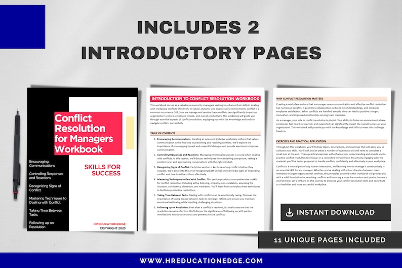 May include: A workbook titled "Conflict Resolution for Managers Workbook" with the subtitle "Skills for Success". The workbook cover is black with a red rectangle containing the title. The cover also includes a list of skills for managers to develop, such as encouraging communication, controlling responses and reactions, recognizing signs of conflict, mastering techniques to deal with conflict, taking time between tasks, and following up on resolution.