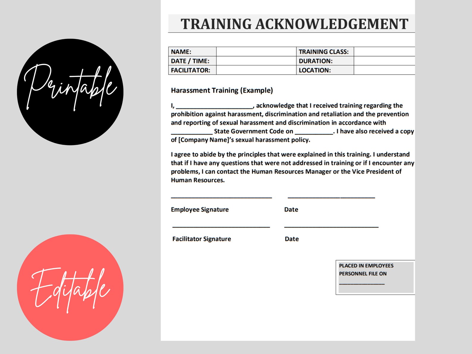 Training Acknowledgement Form: HR Templates (editable Word Doc) - Etsy