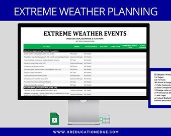 Op de afbeelding: Een computerscherm dat een groene en witte afdrukbare checklist weergeeft voor het plannen van extreme weersomstandigheden. De checklist bevat stappen voor het maken van een noodplan, het informeren van werknemers over beleid en procedures, en het communiceren met personeel. De checklist is bewerkbaar en afdrukbaar in verschillende formaten, waaronder Excel en Google Sheets.