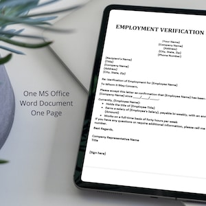 May include: A digital tablet displaying a sample employment verification letter template. The template includes fields for the employee's name, title, salary, and work schedule. The letter is addressed to "To Whom It May Concern."