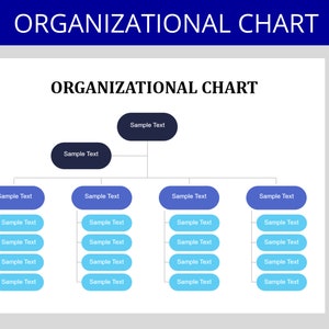 May include: A blue and white organizational chart with the title "Organizational Chart" at the top. The chart has a hierarchy with a top level, a second level, and a third level. Each level has a box with the text "Sample Text" inside.