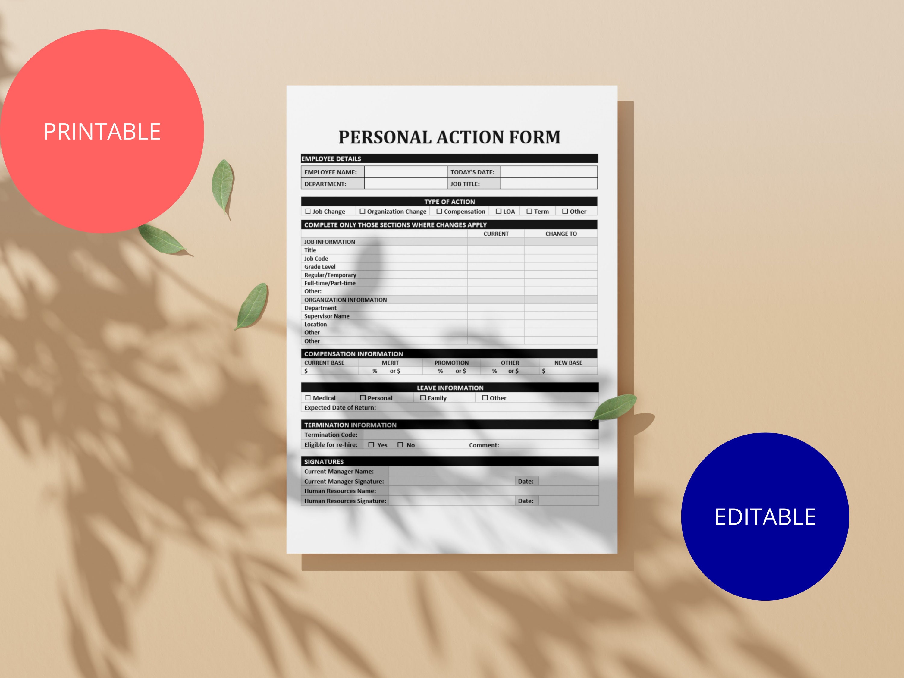 Personal Action Form Template HR Templates Employee Status Change