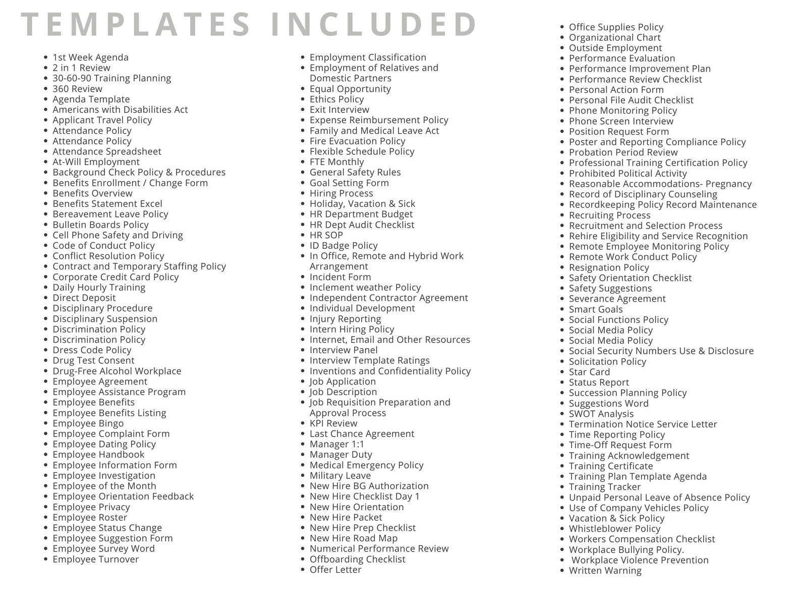 Human Resource Templates Employee Policy, HR Forms, Hire Checklists