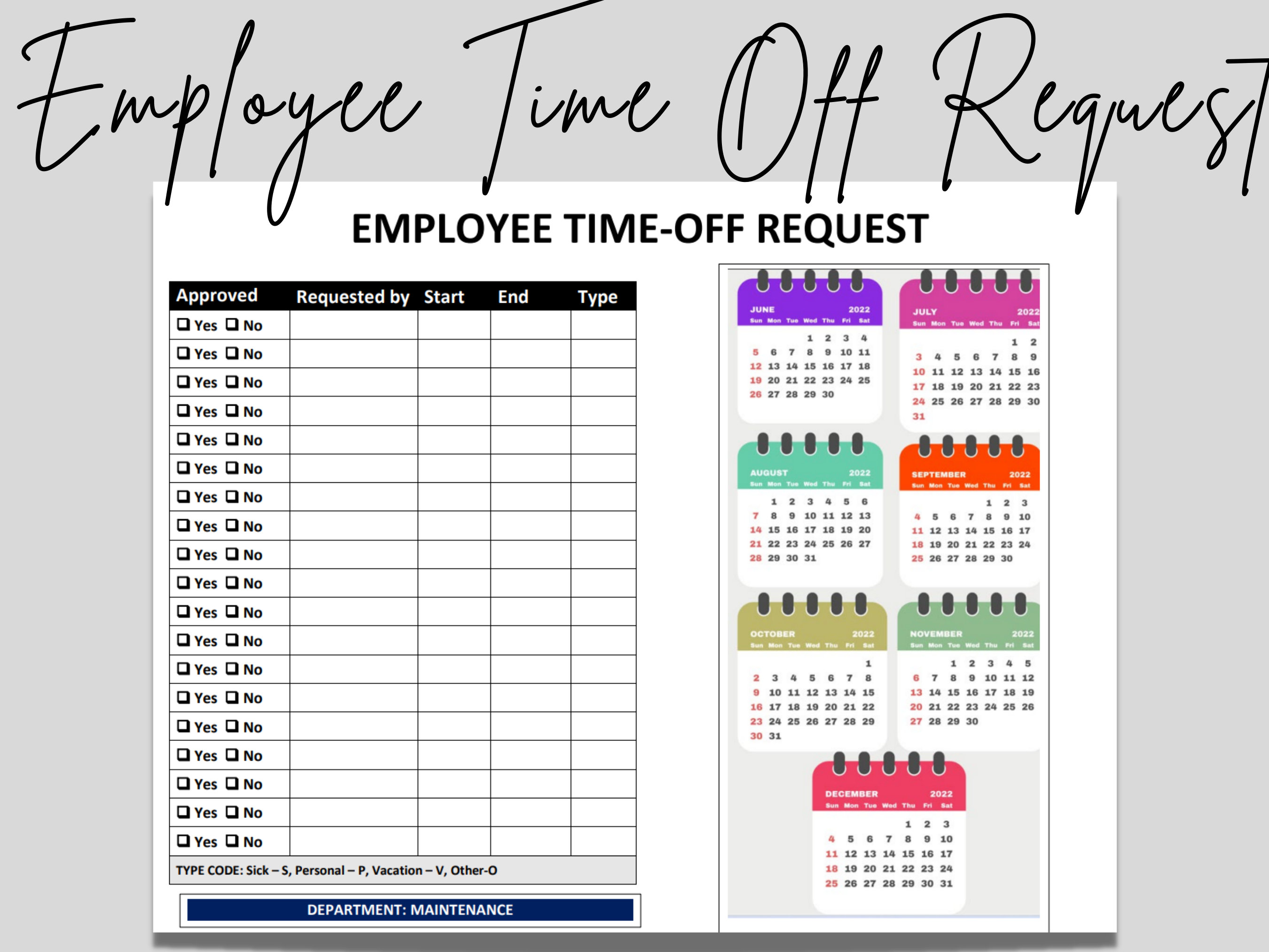 Employee Time off Request Calendar Template Editable Word - Etsy België