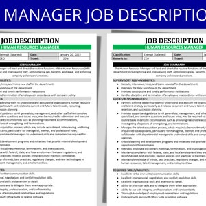 May include: A job description for a Human Resources Manager. The document outlines the responsibilities, duties, and required skills for the position. The document includes a job summary, supervisory responsibilities, duties and responsibilities, and required skills and abilities.