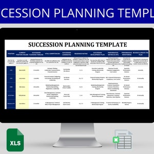Puede incluir: Una pantalla de ordenador que muestra una plantilla de planificación de la sucesión con columnas para el puesto, el titular actual del puesto, la línea de tiempo de planificación de la sucesión, las competencias vitales, los candidatos a la sucesión, la calificación de preparación, el plan de desarrollo de la sucesión, las métricas de rendimiento y los KPI, el seguimiento del rendimiento y la revisión y actualización del plan. La plantilla está diseñada para ayudar a las empresas a planificar el futuro identificando posibles sucesores para los roles clave.