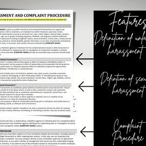 May include: A black and white image with the text "Harassment and Complaint Procedure" at the top. The text is in a bold, sans-serif font. The image also includes a definition of unlawful harassment and sexual harassment. The text is in a smaller font and is aligned to the left. The image also includes a complaint procedure.