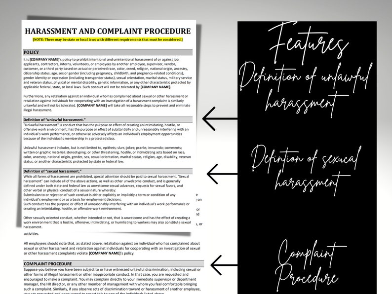 May include: A black and white image with the text "Harassment and Complaint Procedure" at the top. The text is in a bold, sans-serif font. The image also includes a definition of unlawful harassment and sexual harassment. The text is in a smaller font and is aligned to the left. The image also includes a complaint procedure.