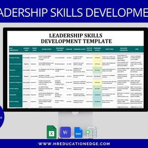 May include: A computer screen displaying a leadership skills development template. The template is a spreadsheet with columns for skill competency, current level, target level, action steps, resources, timeline, progress notes, date of update, progress status, next steps, manager comments, and kpi. The template is titled "Leadership Skills Development Template".