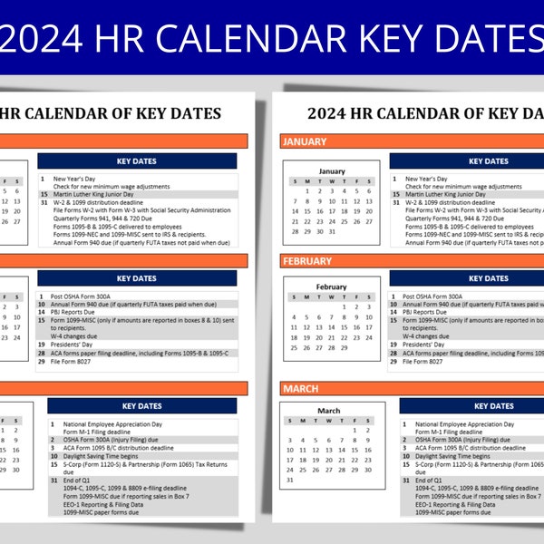 HR-kalender 2024: nalevingsdeadlines, federale feestdagen, regels en voorschriften, deadlines voor loonbelasting, planningssjablonen, personeelszaken
