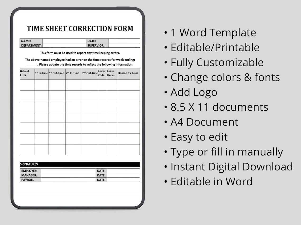 Time Sheet Correction Form Employee Time Sheet Correction Missed Punch