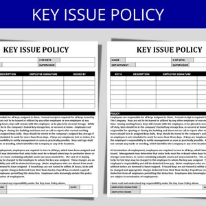 May include: Two identical white paper documents titled "KEY ISSUE POLICY" with blue text at the top. Each form has fields for name, department, and key information, along with a policy section.